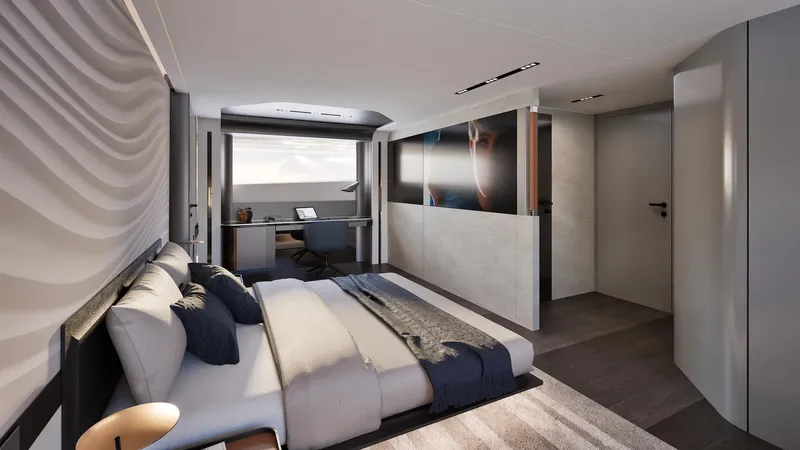 Viper 130 Yacht Photos Pics Luxurious bedroom interior on ISA Viper 130 yacht, 2027 model, featuring modern design elements.