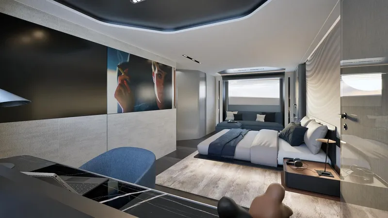Viper 130 Yacht Photos Pics Luxurious bedroom interior in ISA Viper 130 yacht, 2027 model, featuring modern design and elegant furnishings.
