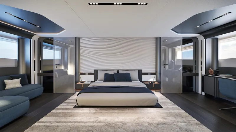 Viper 130 Yacht Photos Pics Luxurious bedroom interior on ISA Viper 130 yacht, 2027 model, featuring modern design and elegant furnishings.