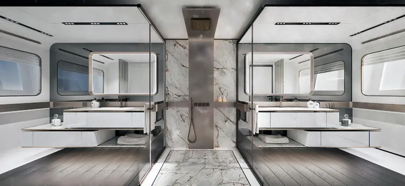 Viper 130 Yacht Photos Pics Luxurious modern bathroom in 2027 ISA Viper 130 yacht with marble and sleek design.