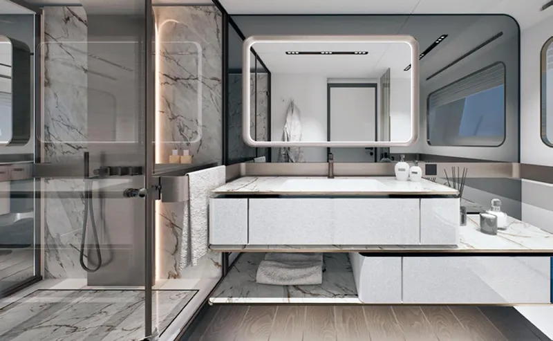 Viper 130 Yacht Photos Pics Luxurious modern bathroom in ISA Viper 130 yacht, 2027 model, featuring marble and sleek design.