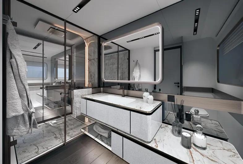 Viper 130 Yacht Photos Pics Luxurious modern bathroom on ISA Viper 130 yacht, 2027 model, featuring sleek marble and glass design.