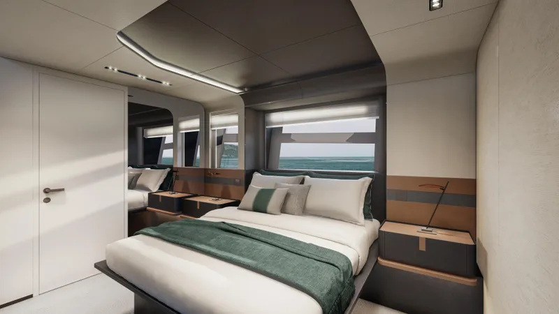 Viper 130 Yacht Photos Pics Luxurious bedroom interior of ISA Viper 130 yacht, 2027 model, featuring modern design and ocean view.