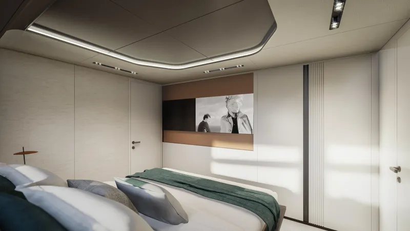 Viper 130 Yacht Photos Pics Luxurious bedroom interior of ISA Viper 130 yacht, 2027 model, with modern design elements.