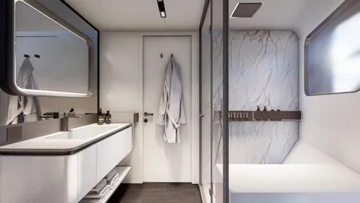 Viper 130 Yacht Photos Pics Modern bathroom interior in ISA Viper 130 yacht, 2027 model, featuring sleek design and marble accents.