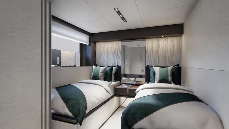 Viper 130 Yacht Photos Pics Luxurious twin bedroom interior on ISA Viper 130 yacht, 2027 model.