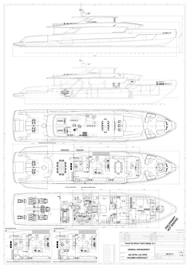 Viper 130 Yacht Photos Pics Blueprint of ISA Viper 130 yacht, 2027 model, showcasing detailed deck layouts and side profile.