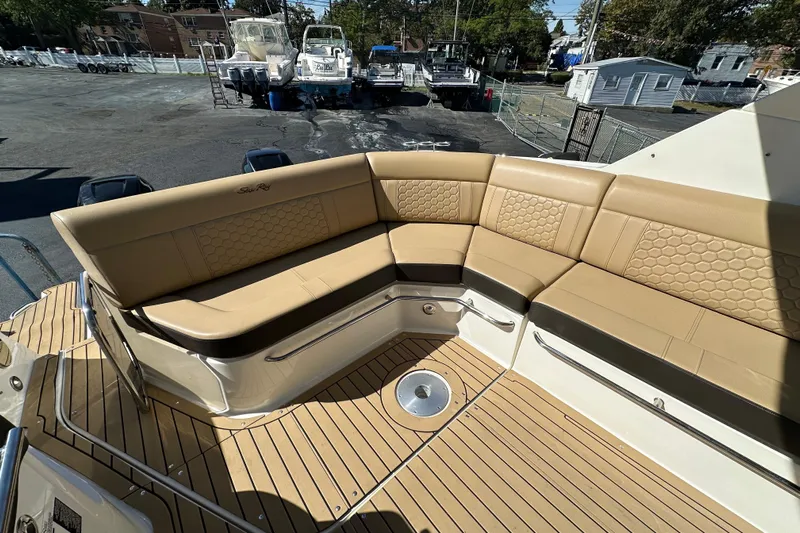  Yacht Photos Pics 2020 Sea Ray Sundancer 320 Outboard, tan seating, teak deck, outdoor marina setting.