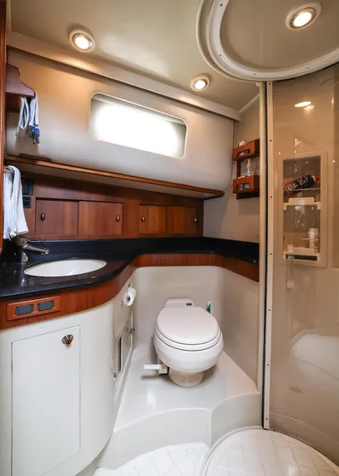 Aryeh Yacht Photos Pics Luxurious bathroom in 2008 Grand Banks EASTBAY 39 SX yacht with modern fixtures.