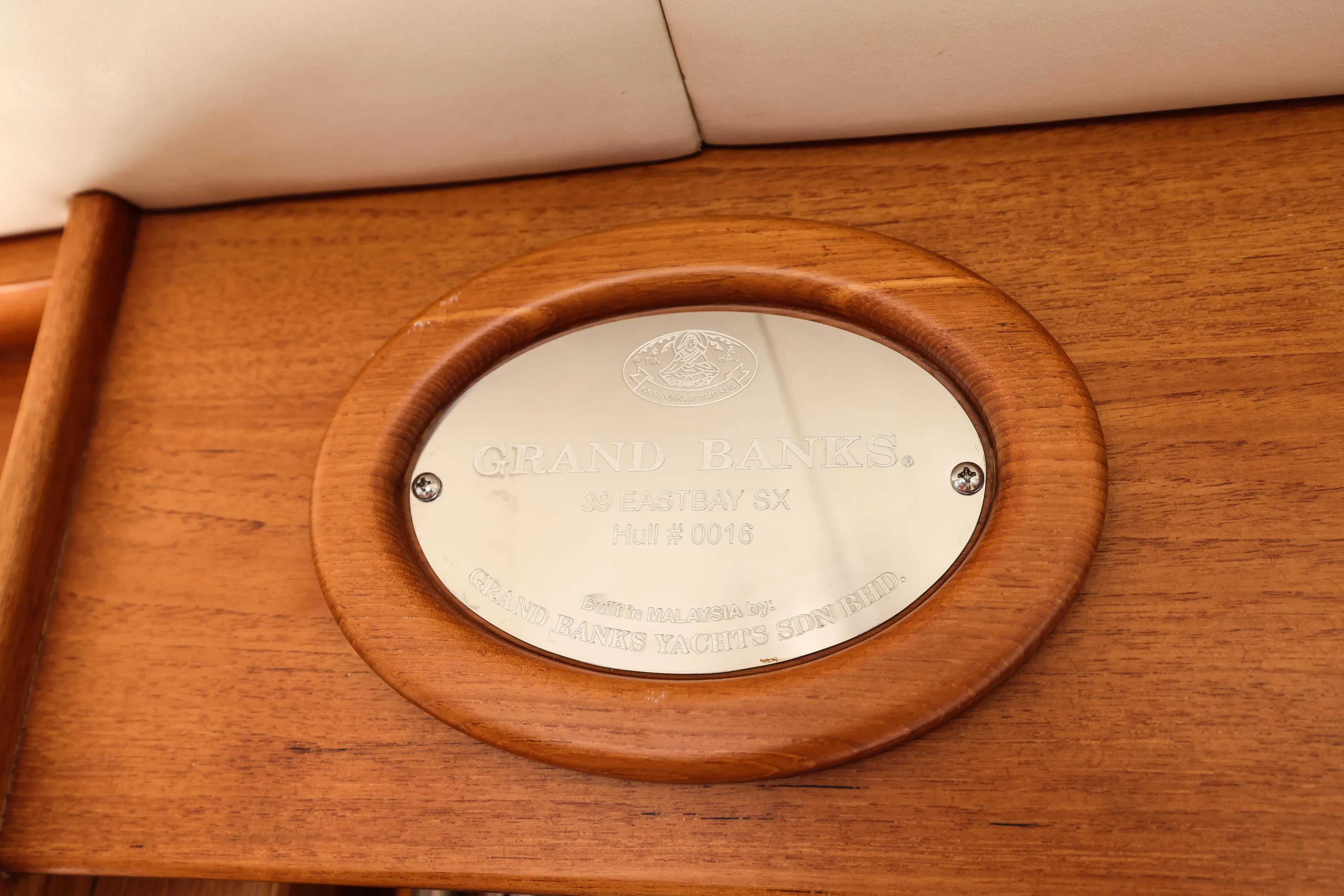Aryeh Yacht Photos Pics Plaque on 2008 Grand Banks EASTBAY 39 SX yacht, mounted on wooden panel.