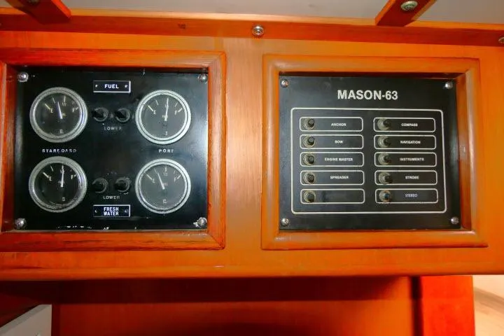 Avenir Yacht Photos Pics Control panel of 1982 Ta Shing Mason 63 yacht with gauges and switches.