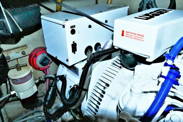 Avenir Yacht Photos Pics Engine room of 1982 Ta Shing Mason 63 yacht, featuring mechanical components and wiring.