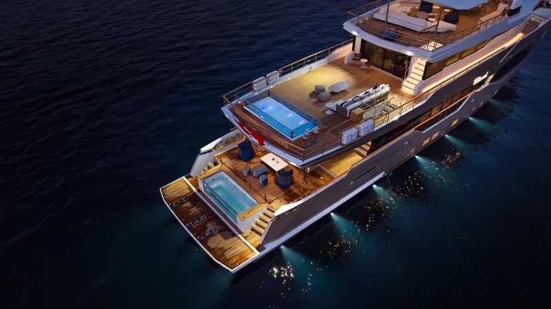 Numarine 40mxp Yacht Photos Pics Luxurious 2026 Numarine 40MXP yacht with illuminated decks and pools at night.