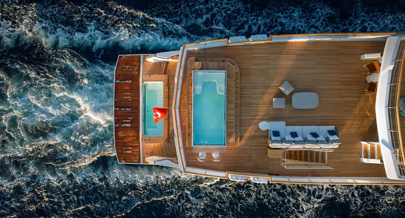 Numarine 40mxp Yacht Photos Pics Aerial view of 2026 Numarine 40MXP yacht with pool and deck on ocean.