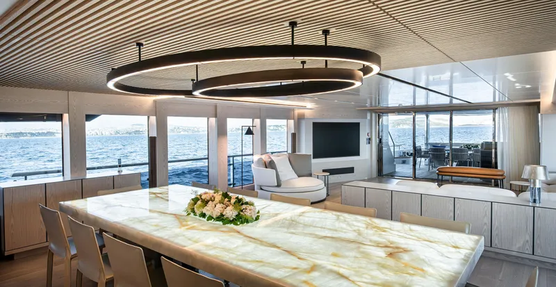 Numarine 40mxp Yacht Photos Pics Luxurious interior of 2026 Numarine 40MXP yacht with elegant dining area and ocean view.