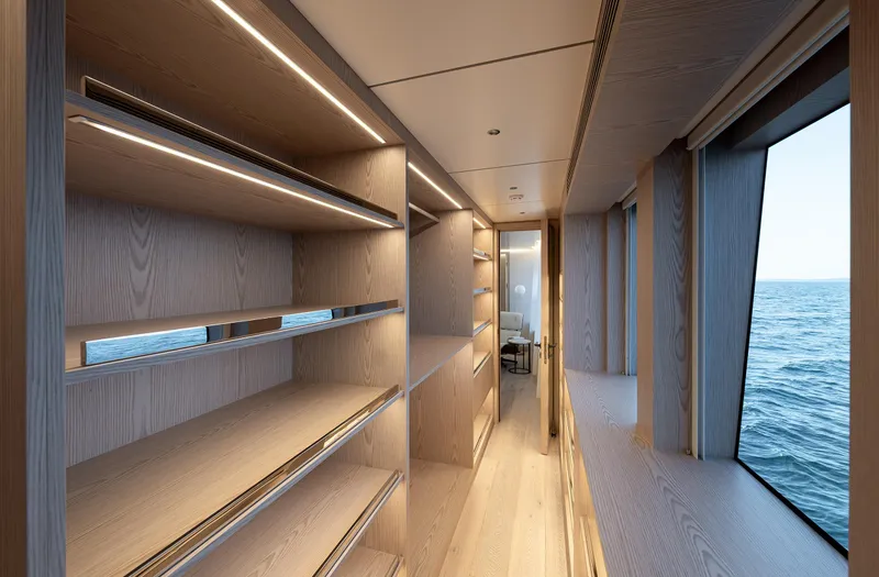 Numarine 40mxp Yacht Photos Pics Luxurious interior of 2026 Numarine 40MXP yacht with ocean view and modern wood shelving.