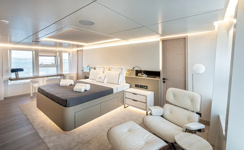 Numarine 40mxp Yacht Photos Pics Luxurious bedroom interior of 2026 Numarine 40MXP yacht with modern furnishings and ocean view.