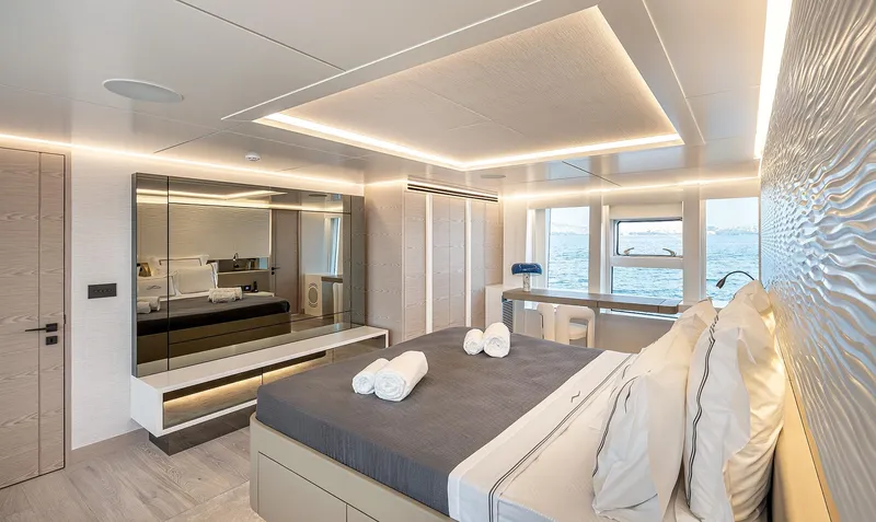 Numarine 40mxp Yacht Photos Pics Luxurious bedroom interior of 2026 Numarine 40MXP yacht with ocean view.