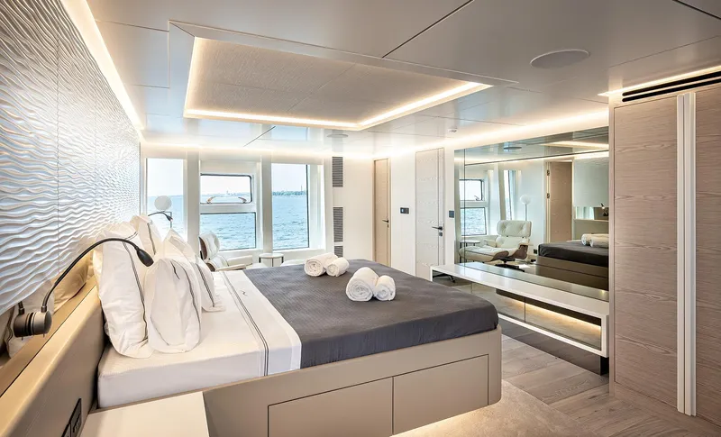 Numarine 40mxp Yacht Photos Pics Luxurious bedroom interior of 2026 Numarine 40MXP yacht with modern design and ocean view.