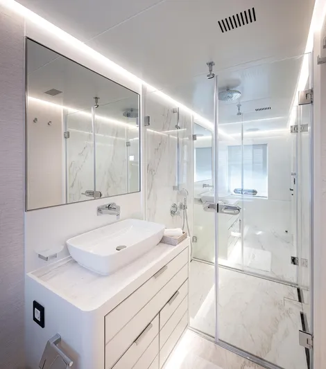 Numarine 40mxp Yacht Photos Pics Luxurious bathroom in 2026 Numarine 40MXP yacht with modern fixtures and marble accents.