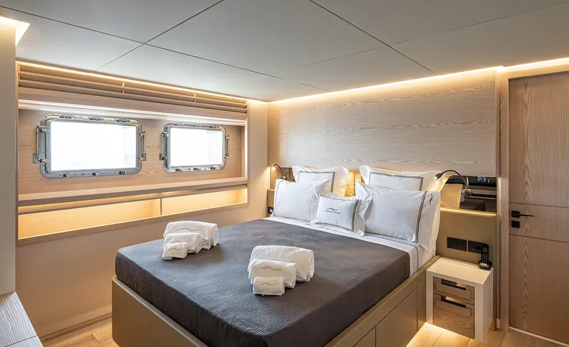 Numarine 40mxp Yacht Photos Pics Luxurious bedroom interior of 2026 Numarine 40MXP yacht with modern design and ambient lighting.