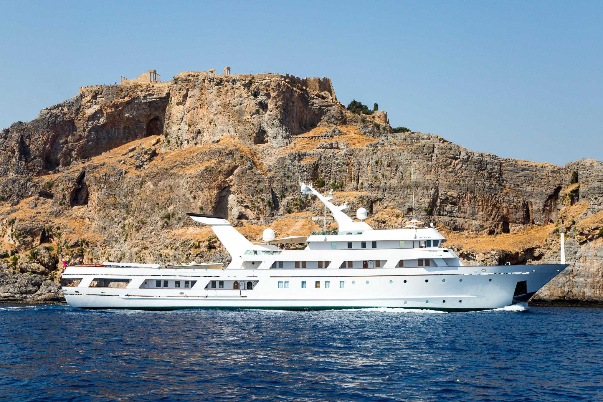 Luxury yacht ESMERALDA by Codecasa (1981) cruising near rocky coastline.
