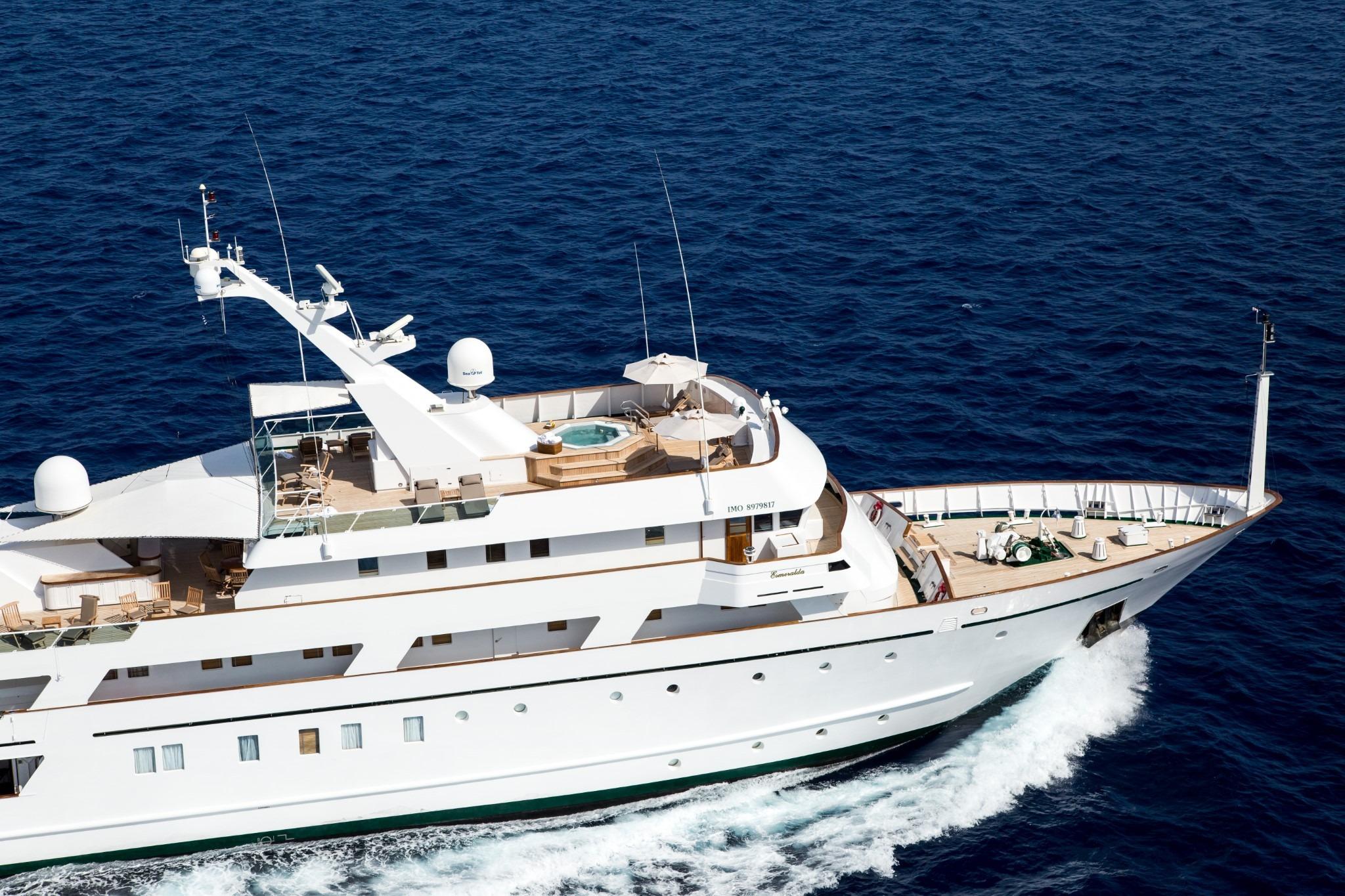 Luxury yacht ESMERALDA by Codecasa, 1981, cruising on open sea.