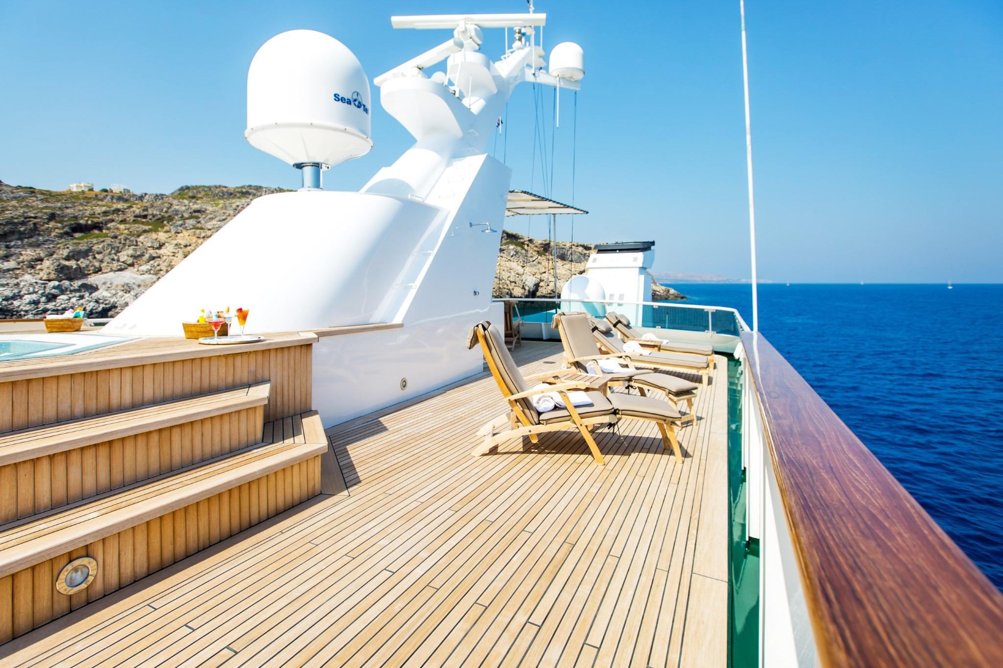Luxurious Codecasa ESMERALDA yacht deck with sun loungers, ocean view, and clear blue sky.