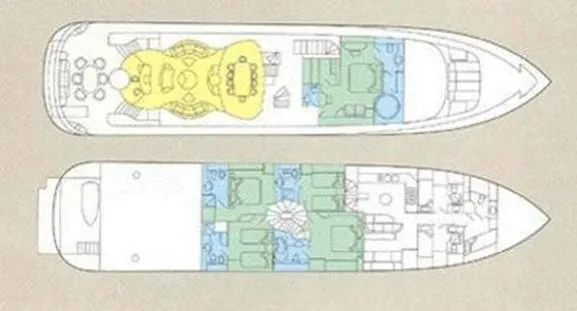Naughty By Nature Yacht Photos Pics Deck layout of 2002 Rizzardi 105 yacht, showcasing interior and exterior spaces.