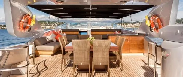 Naughty By Nature Yacht Photos Pics Luxurious 2002 Rizzardi 105 yacht deck with dining area and ocean view.