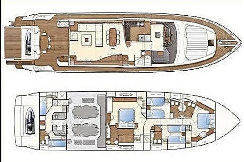 Lidia Yacht Photos Pics Floor plan of a 2006 Ferretti Yachts 830, showcasing upper and lower deck layouts.