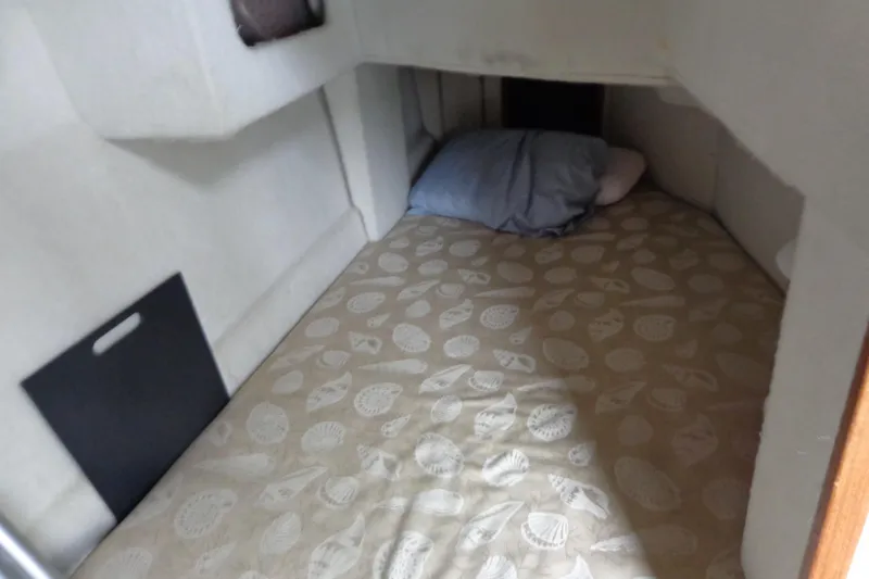 Tugs-n-kisses And Triple Axle Trailer Yacht Photos Pics Cozy cabin interior of 2011 Ranger Tugs R-29 Classic, featuring a patterned bed and pillow.