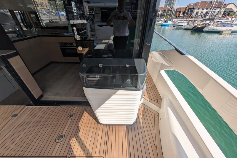 In Stock Yacht Photos Pics Luxury Absolute Navetta 53 yacht deck and interior, 2025 model, docked at marina.