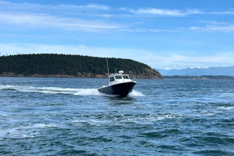 Yacht Photos Pics 2026 Parker 227 Explorer boat cruising on open water near a forested island.