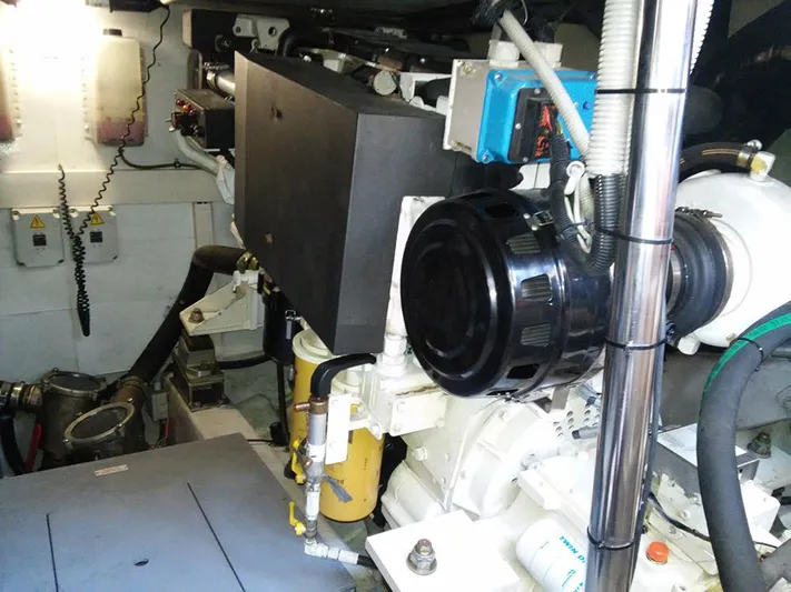  Yacht Photos Pics Engine room of 2009 Azimut 62 Evolution yacht, showcasing mechanical components and equipment.