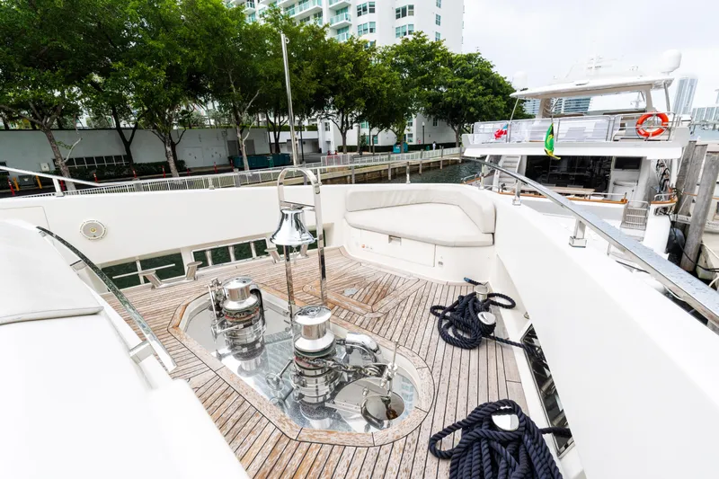 Amity Yacht Photos Pics Luxurious 2018 Custom Line Navetta 33 yacht deck with seating and mooring equipment.