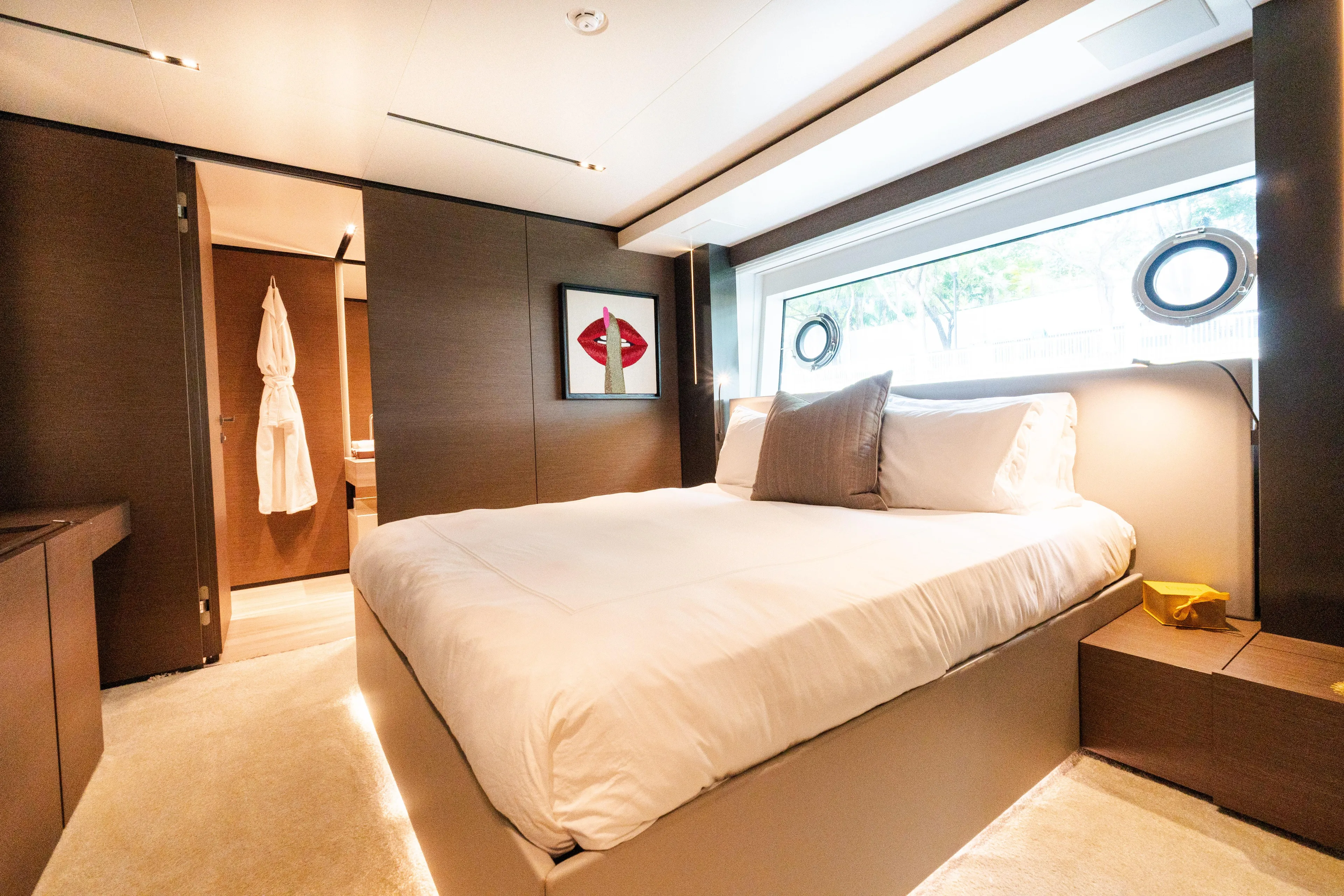 Amity Yacht Photos Pics Luxurious bedroom interior of 2018 Custom Line Navetta 33 yacht with modern decor.