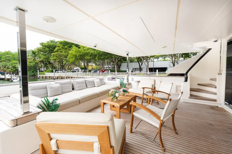 Amity Yacht Photos Pics Luxurious 2018 Custom Line Navetta 33 yacht deck with elegant seating and wooden accents.