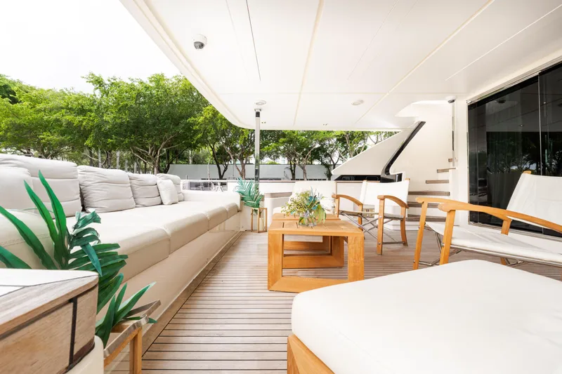 Amity Yacht Photos Pics Luxurious 2018 Custom Line Navetta 33 yacht deck with elegant seating and wooden accents.