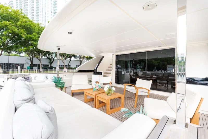 Amity Yacht Photos Pics Luxurious 2018 Custom Line Navetta 33 yacht deck with elegant seating and modern design.