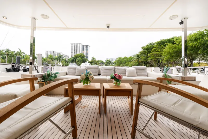 Amity Yacht Photos Pics Luxurious 2018 Custom Line Navetta 33 yacht deck with elegant seating and scenic view.