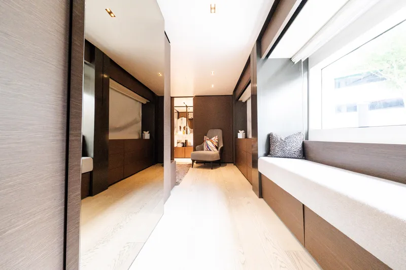 Amity Yacht Photos Pics Luxurious interior of 2018 Custom Line Navetta 33 yacht with modern design and seating.