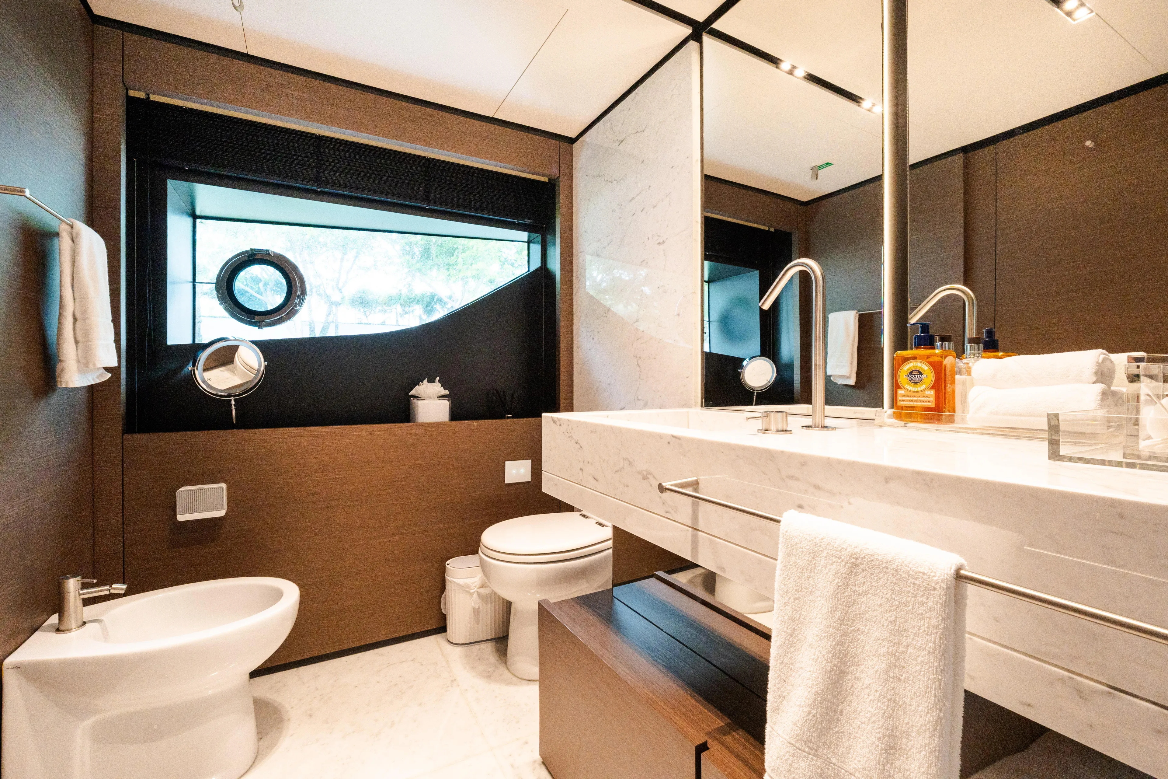 Amity Yacht Photos Pics Luxurious bathroom in 2018 Custom Line Navetta 33 yacht with modern fixtures and elegant design.