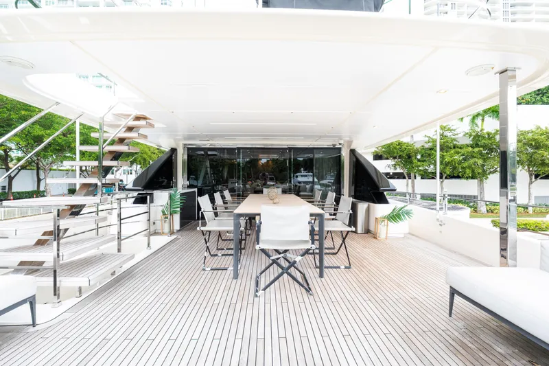 Amity Yacht Photos Pics Luxurious 2018 Custom Line Navetta 33 yacht deck with elegant seating and dining area.