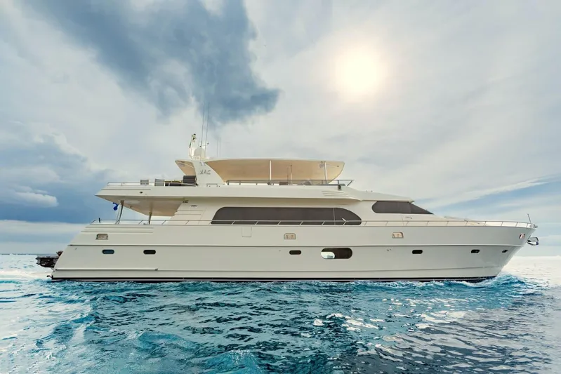 Alegre Yacht Photos Pics 2004 Symbol M.S Super 88 Motoryacht cruising on open sea under cloudy sky.