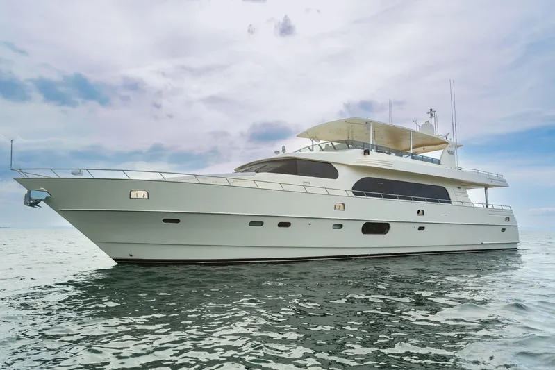 Alegre Yacht Photos Pics Luxurious 2004 Symbol M.S Super 88 Motoryacht on calm sea under cloudy sky.