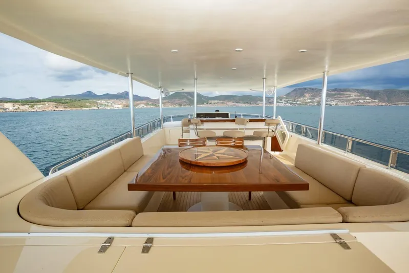 Alegre Yacht Photos Pics Luxurious 2004 Symbol M.S Super 88 Motoryacht deck with elegant seating and ocean view.