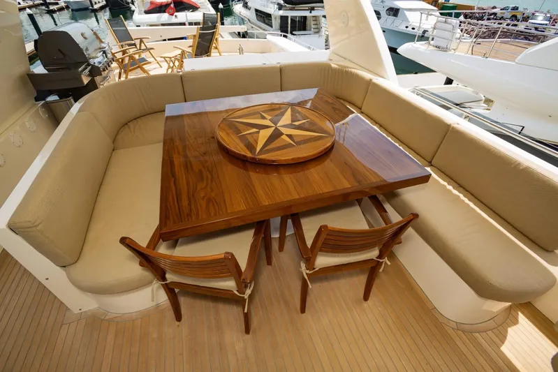 Alegre Yacht Photos Pics Luxurious seating area on 2004 Symbol M.S Super 88 Motoryacht with wooden table and chairs.