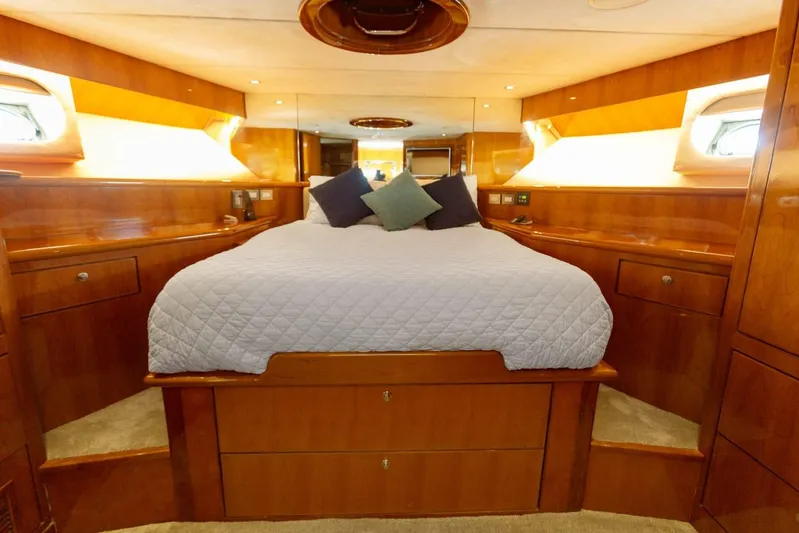 Alegre Yacht Photos Pics Luxurious bedroom interior of 2004 Symbol M.S Super 88 Motoryacht with wood paneling and cozy bedding.