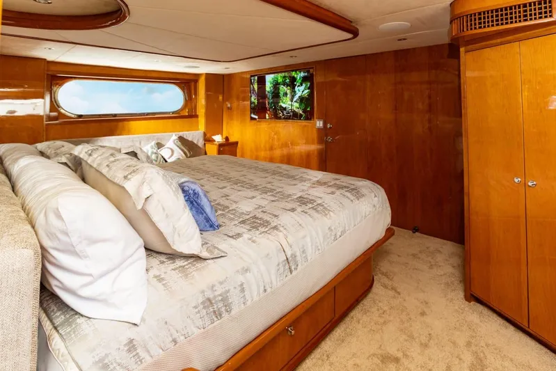Alegre Yacht Photos Pics Luxurious bedroom interior of 2004 Symbol M.S Super 88 Motoryacht with wood paneling and large bed.